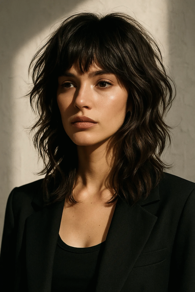 Layered shag haircut on woman with textured waves and edge