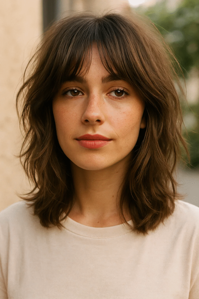 Layered shag haircut with curtain bangs and texture

