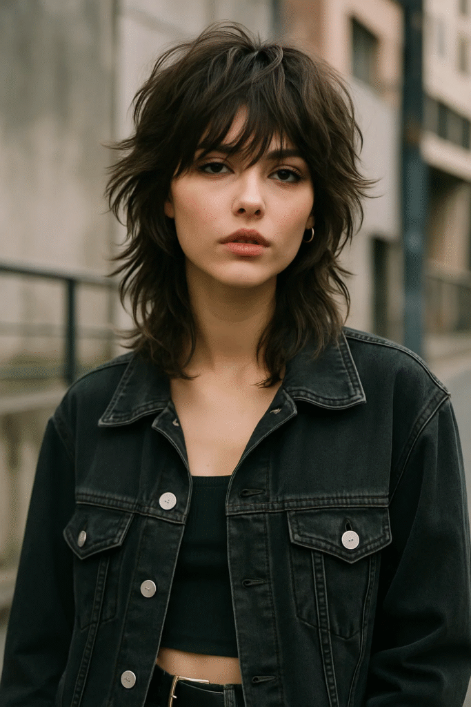 Modern wolf cut with shaggy layers and tousled bangs

