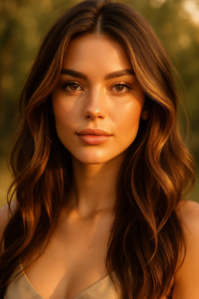 Honey brown highlights hair glowing in soft golden light