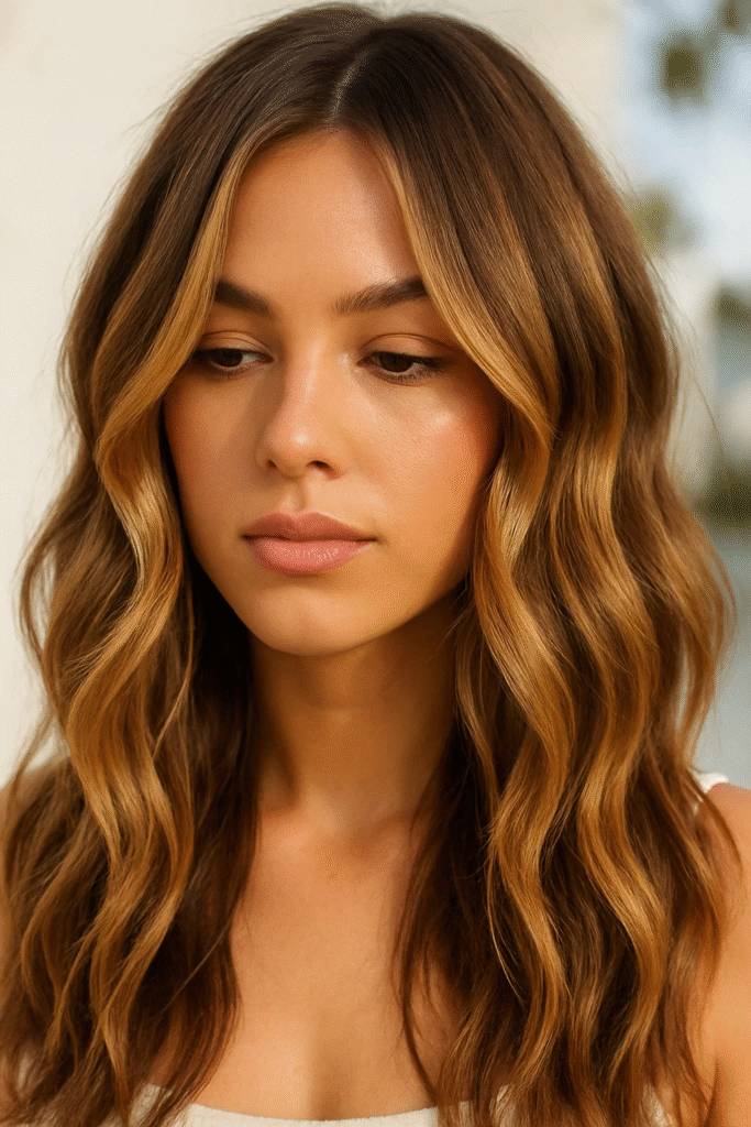 Honey brown highlights hair on medium brunette base with soft waves
