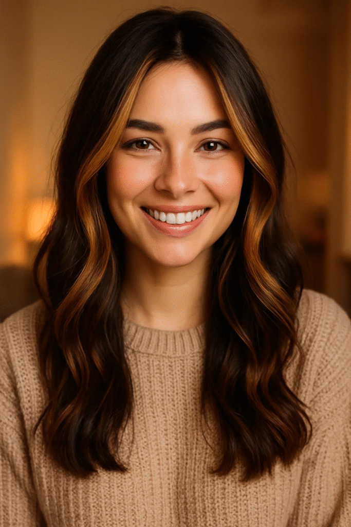 Honey brown highlights hair with face-framing strands

