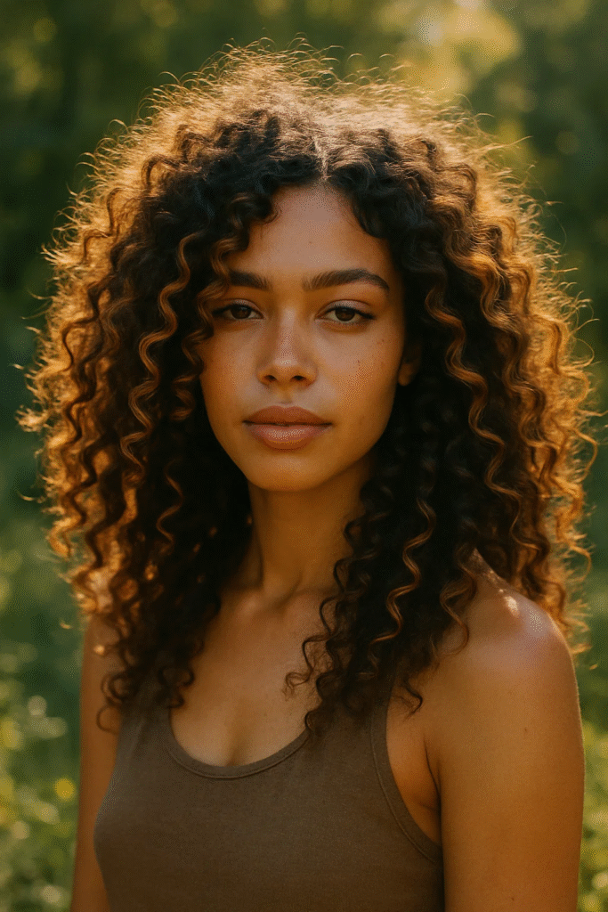 Honey brown highlights hair on natural curly brunette texture
