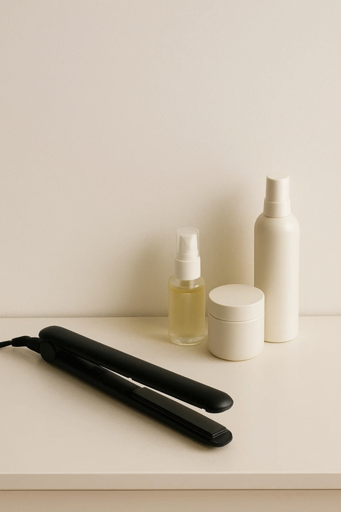 Tools for ghost waves hairstyle tutorial flat lay

