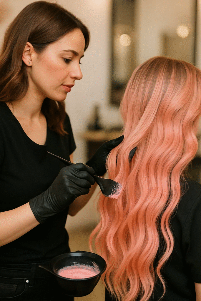 Applying blush peach pastel hair color for a soft, feminine look