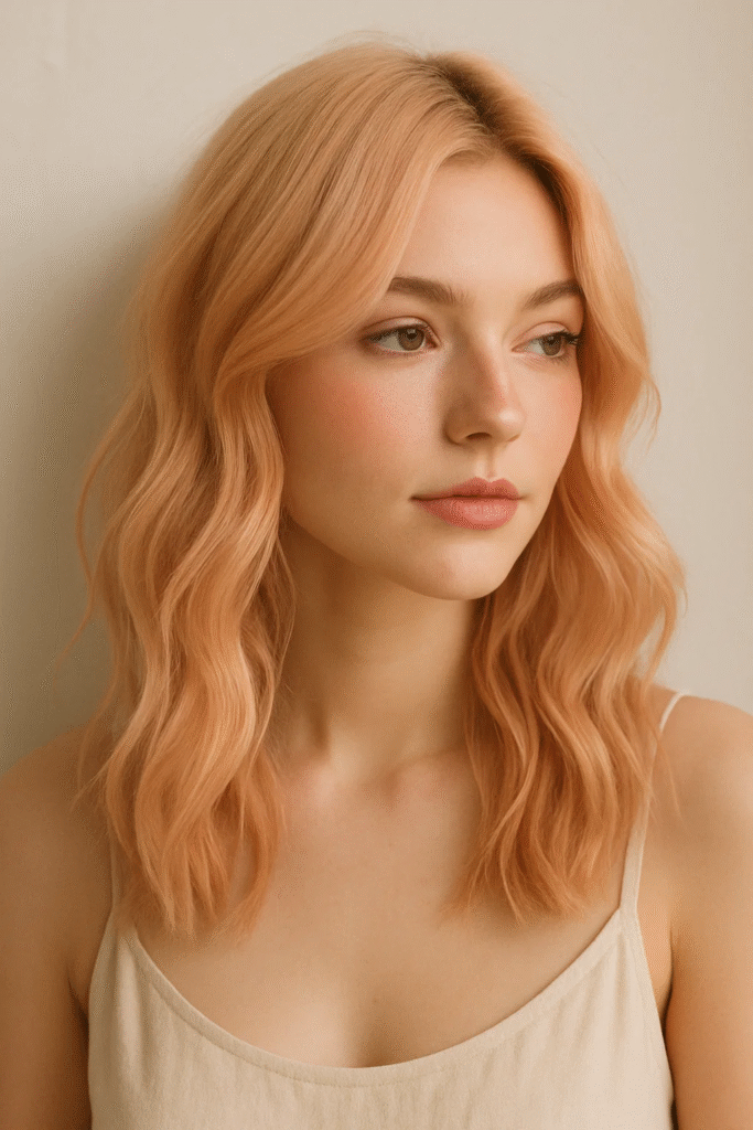 Blush peach pastel hair styled in soft waves for a feminine and romantic look

