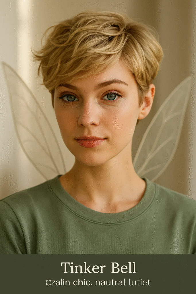 Textured Tinkerbell pixie cut styled for a casual chic look


