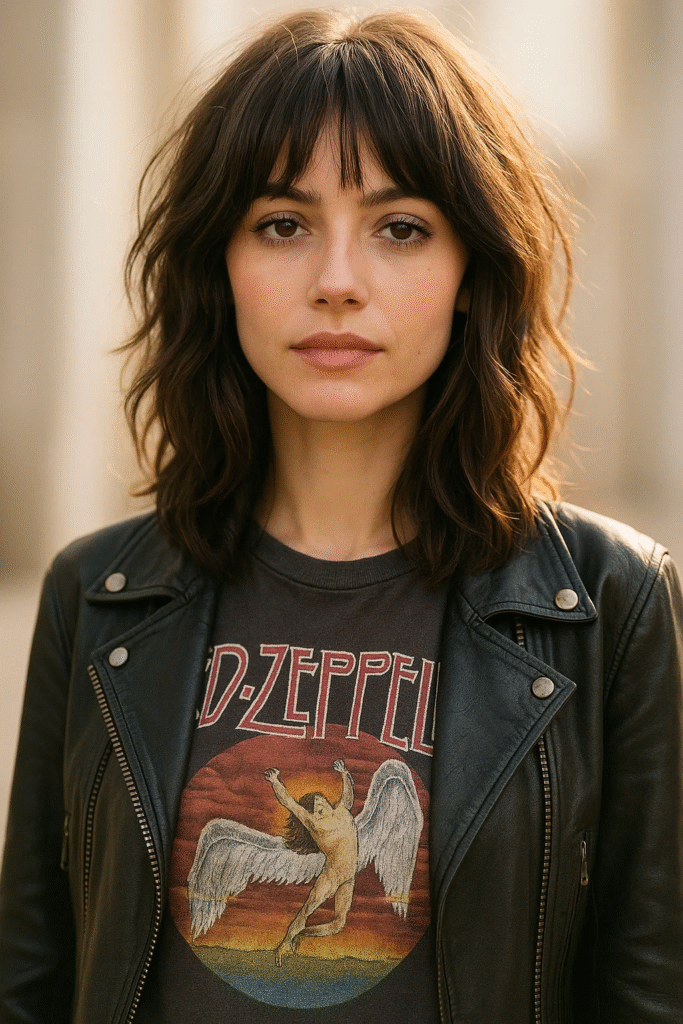 Modern Shag Haircut 2025 on wavy brunette hair with rock-chic styling.