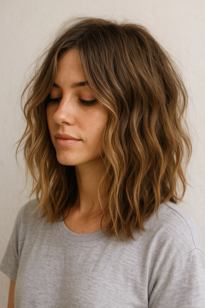 Tousled lob hairstyle with natural beachy waves for an effortless, chic look

