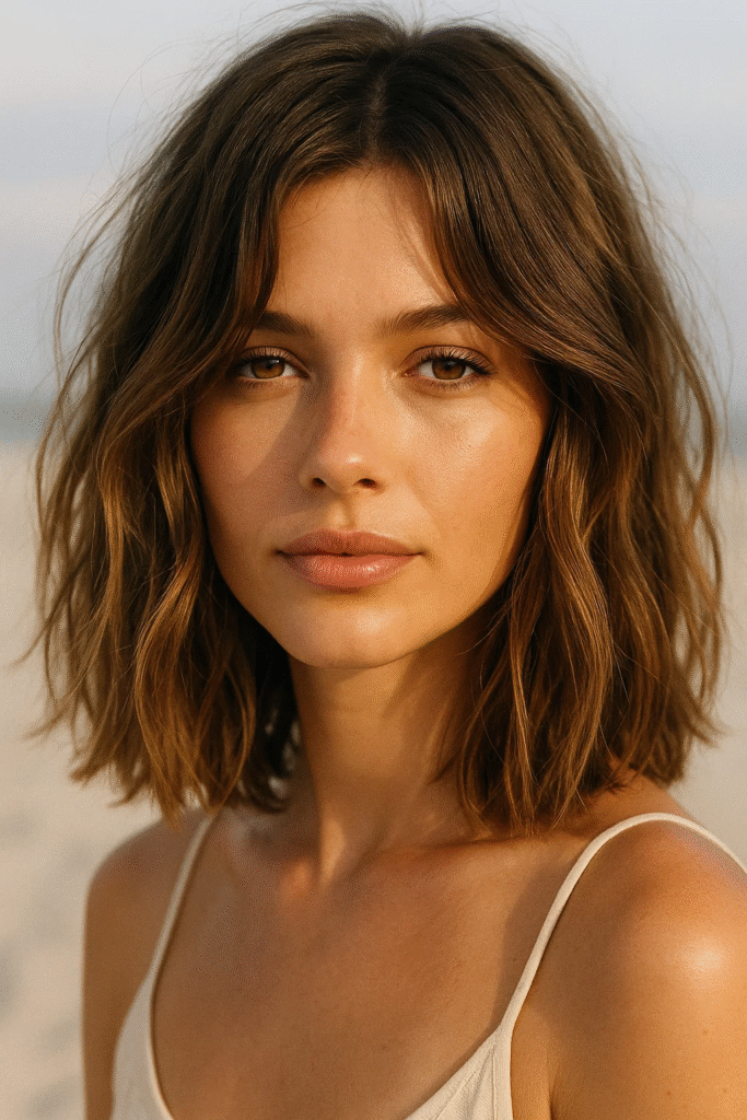 Beachy tousled lob hairstyle with natural waves for a laid-back, fresh look

