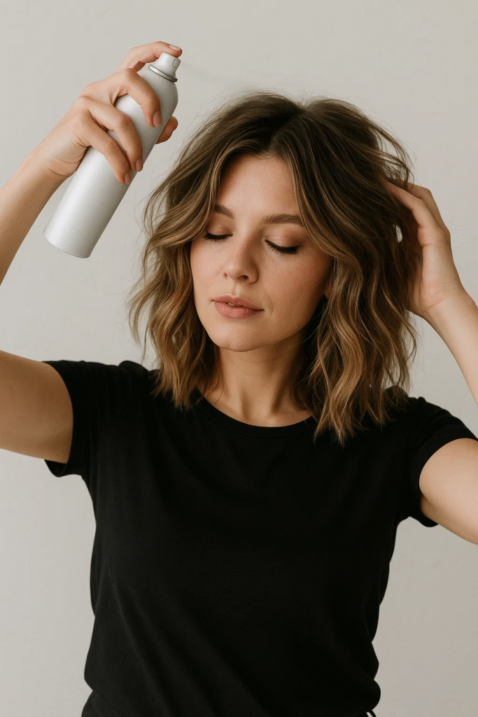Styling a tousled lob hairstyle with texturizing spray for volume and soft waves