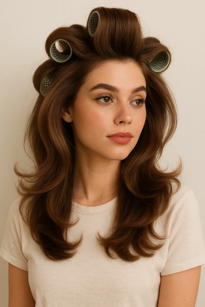 Big voluminous blowout with Velcro rollers for soft waves and lift at the roots
