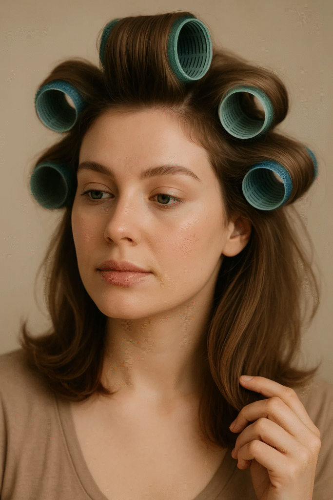 Rolling hair with Velcro rollers for maximum volume and lift