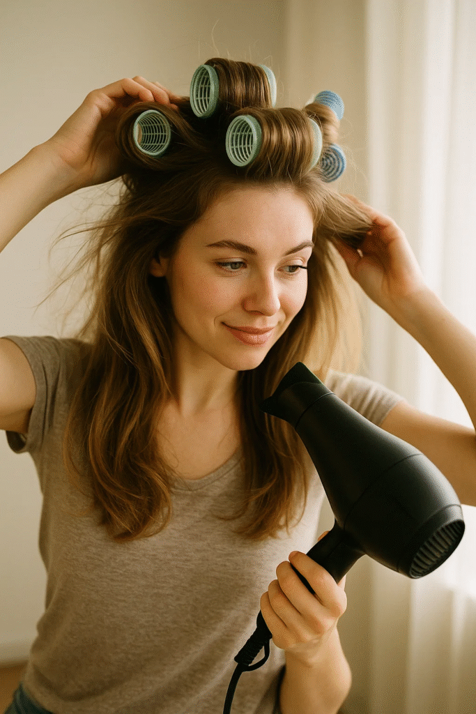 Blow-drying Velcro rollers to enhance volume and texture