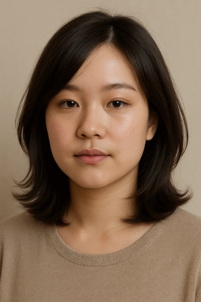 Collarbone-length cut with side part and layers flattering round face

