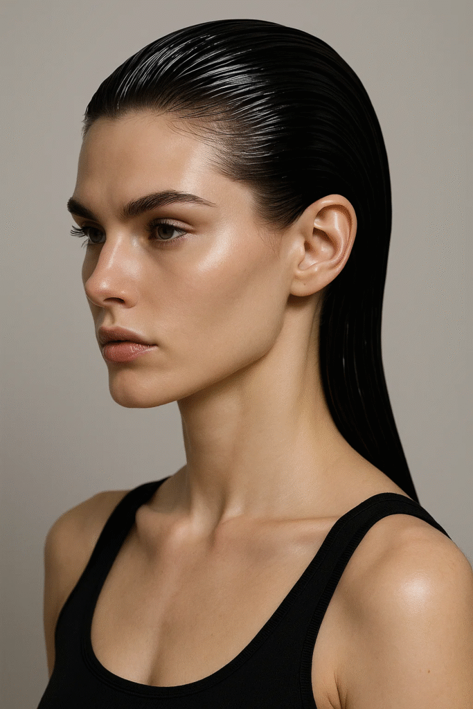 high-gloss slicked-back styles with a shiny finish for a bold and sleek look

