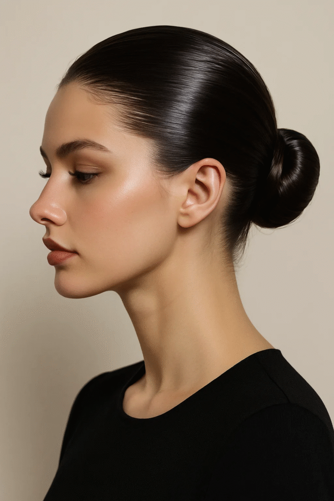 High-gloss slicked-back bun for a sophisticated and polished look