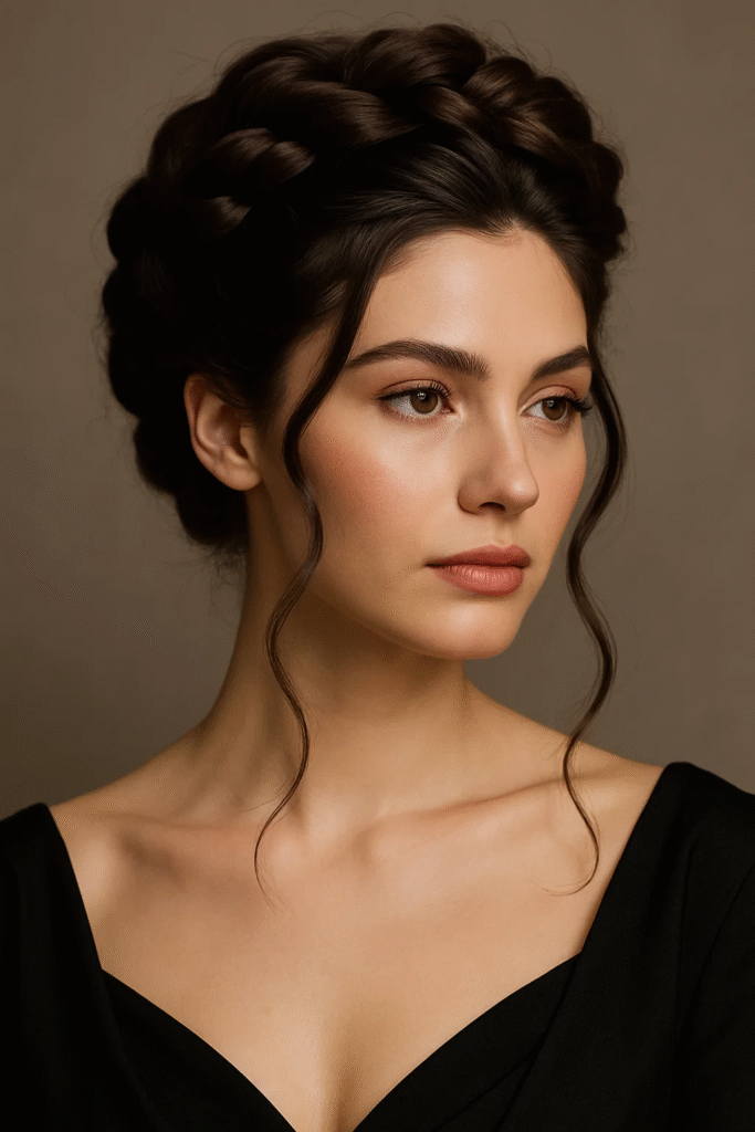 Elegant braided updo for thick hair with face-framing strands

