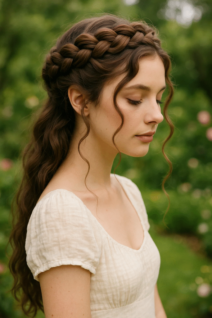 Dutch crown braid updo for thick hair