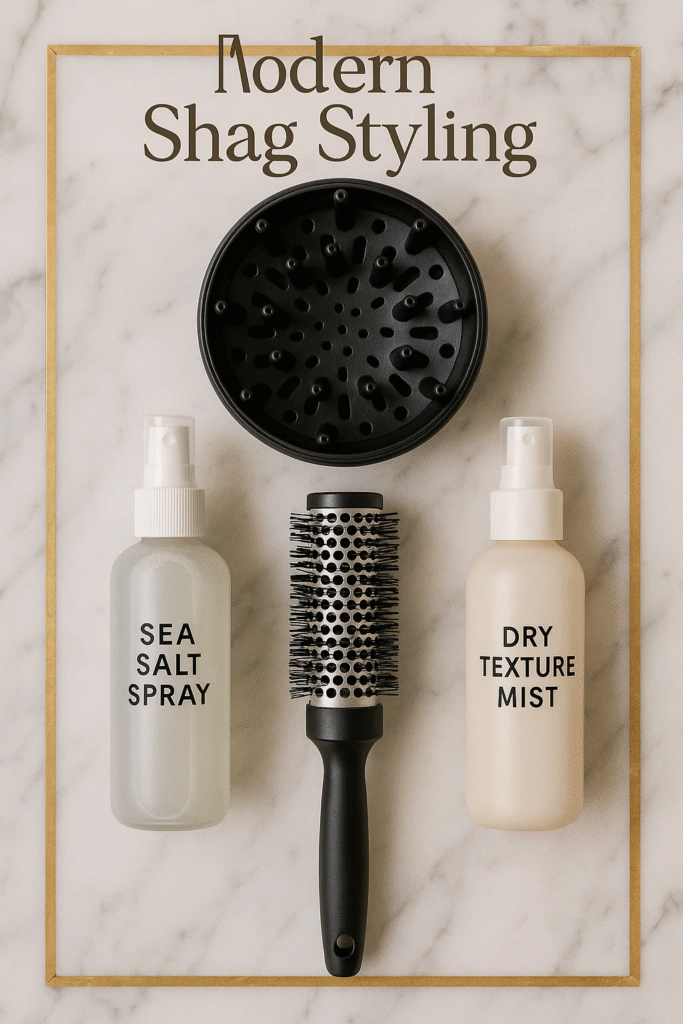Styling products for maintaining the Modern Shag Haircut 2025.