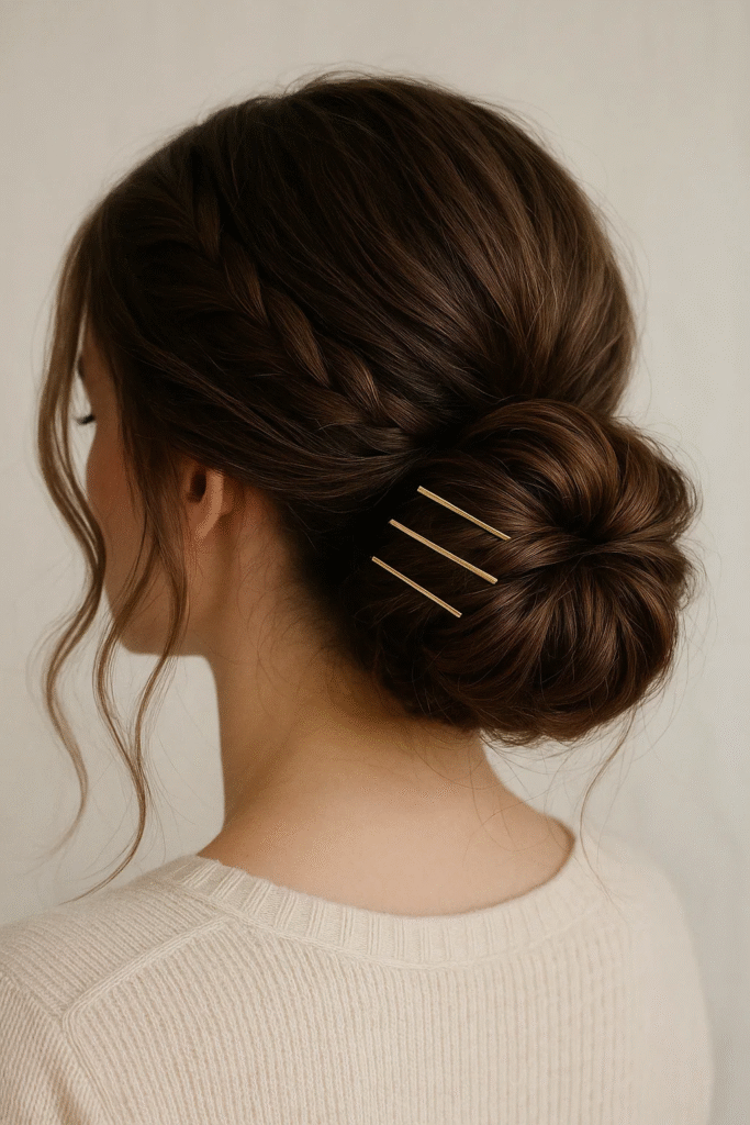 Side braid low bun for thick hair