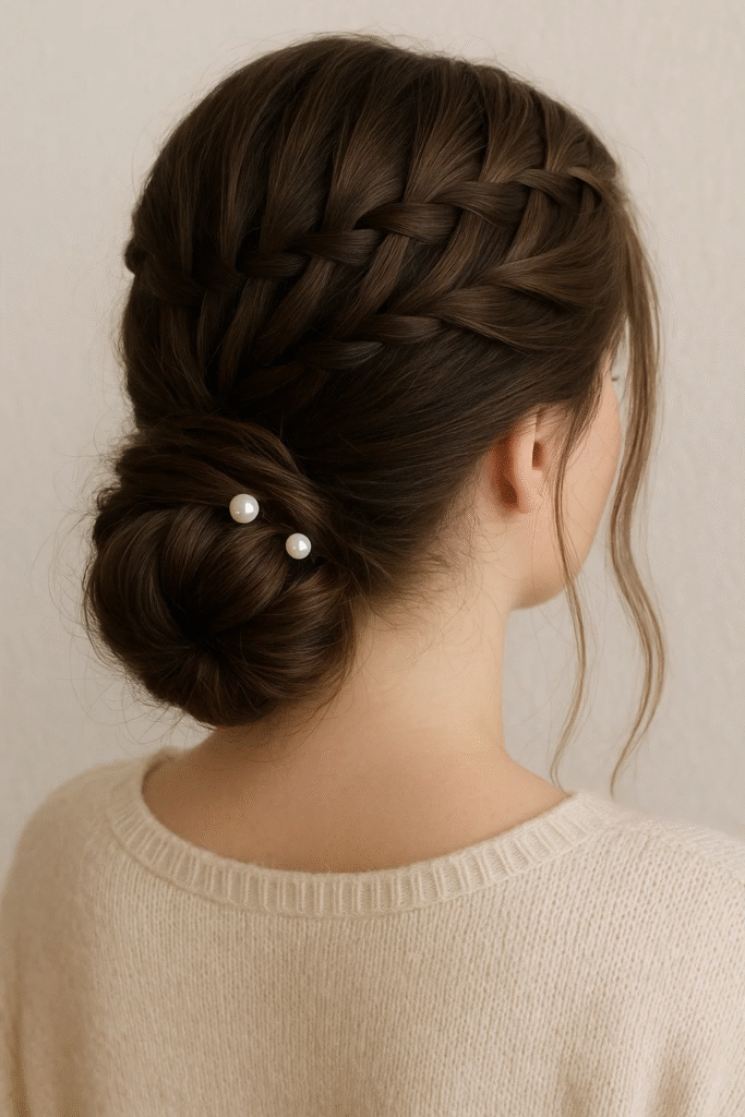 Waterfall braid bun for thick hair