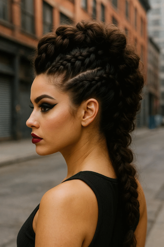 Braided mohawk updo for thick hair