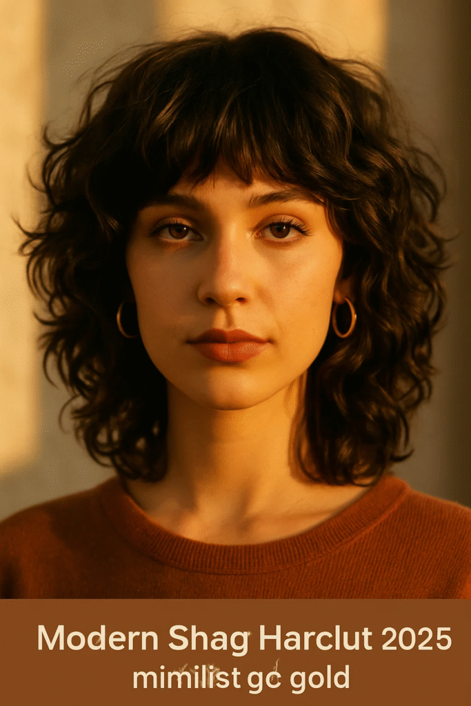 Modern Shag Haircut 2025 on curly hair with bottleneck bangs.
