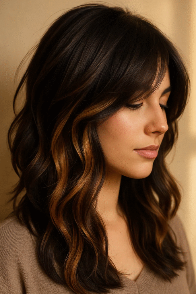 Caramel peekaboo highlights layers in brunette hair