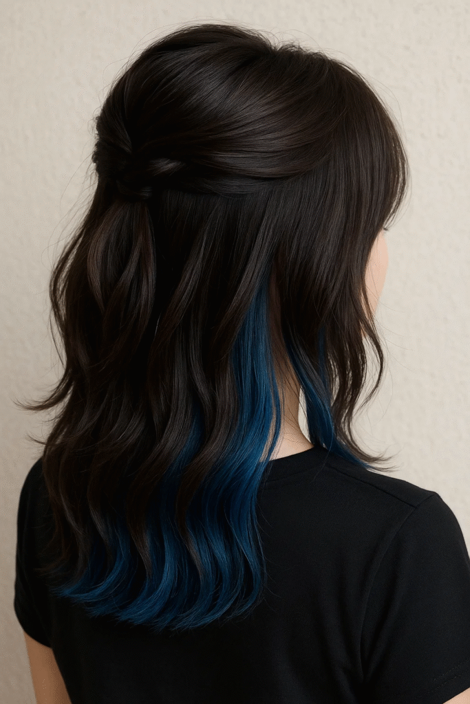 Bold blue peekaboo highlights layers