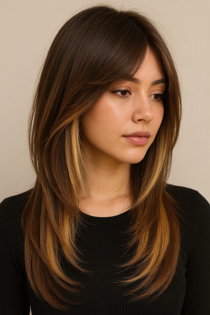 "Thick layered hair with honey blonde peekaboo highlights, straight style, Pinterest vertical framing"