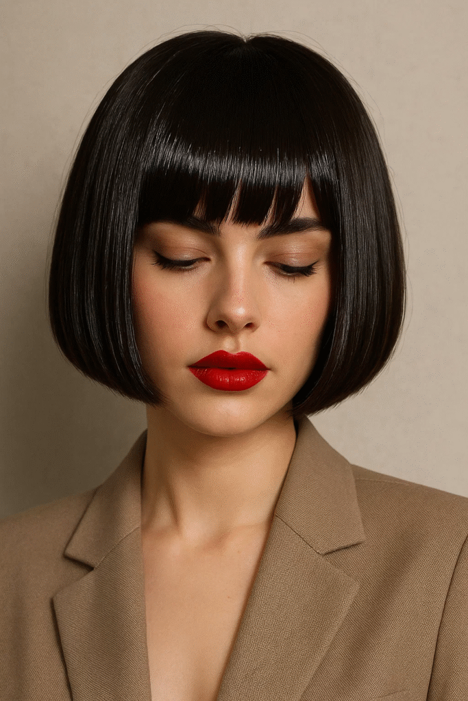Sleek glossy espresso bob hairstyle