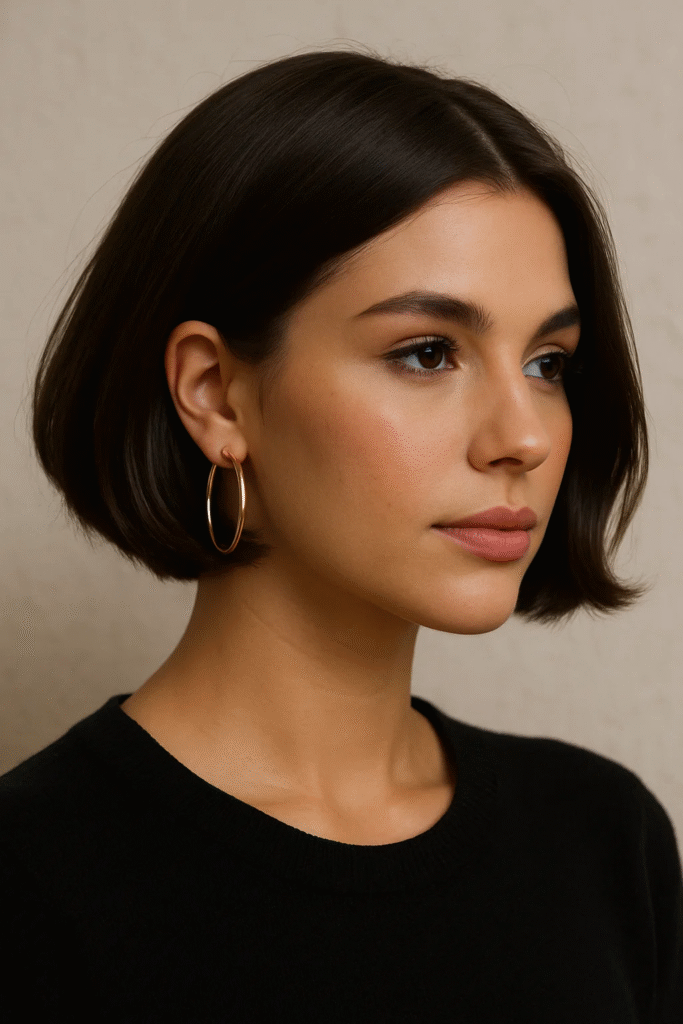 Espresso bob tucked behind the ear

