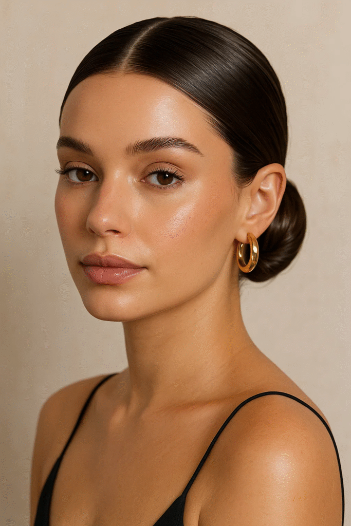 Sleek clean girl hairstyle with low bun