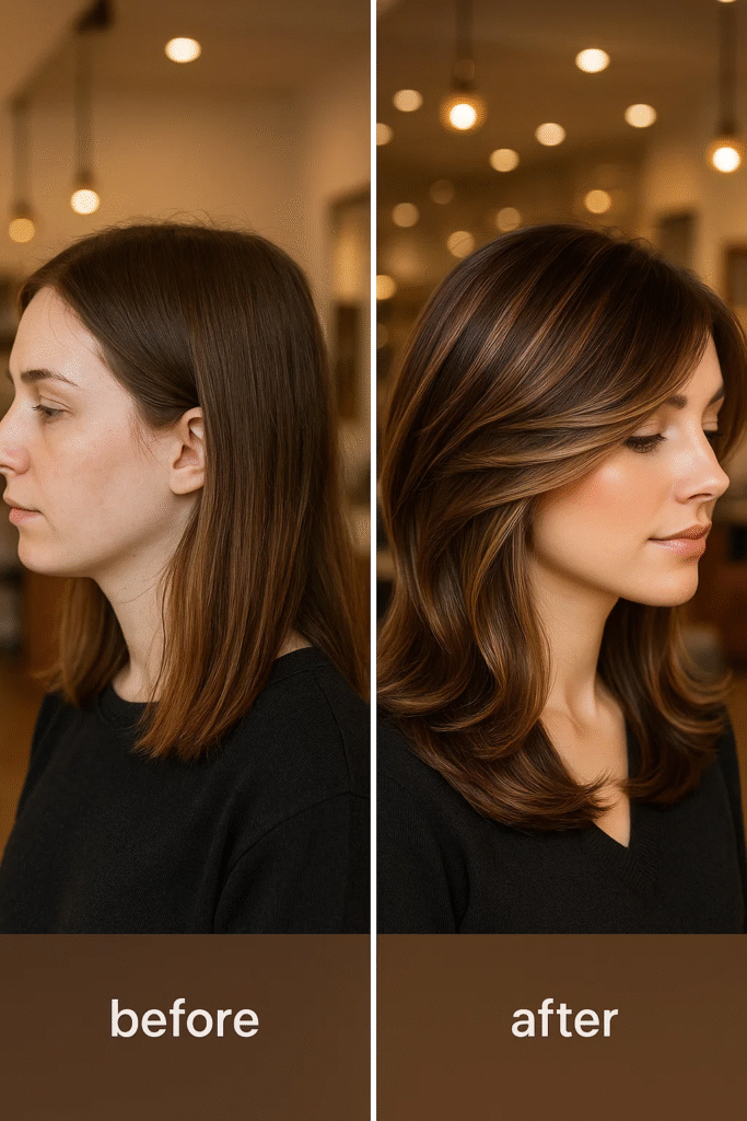 viral hair transformation before after with layered caramel balayage