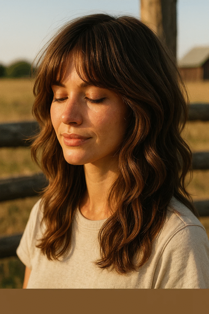Textured Cowgirl Cut Hairstyle with soft fringe and feathered ends.