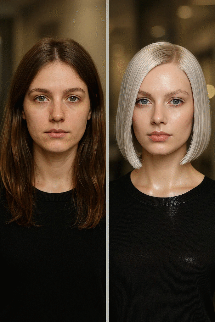 before and after platinum blonde hair transformation