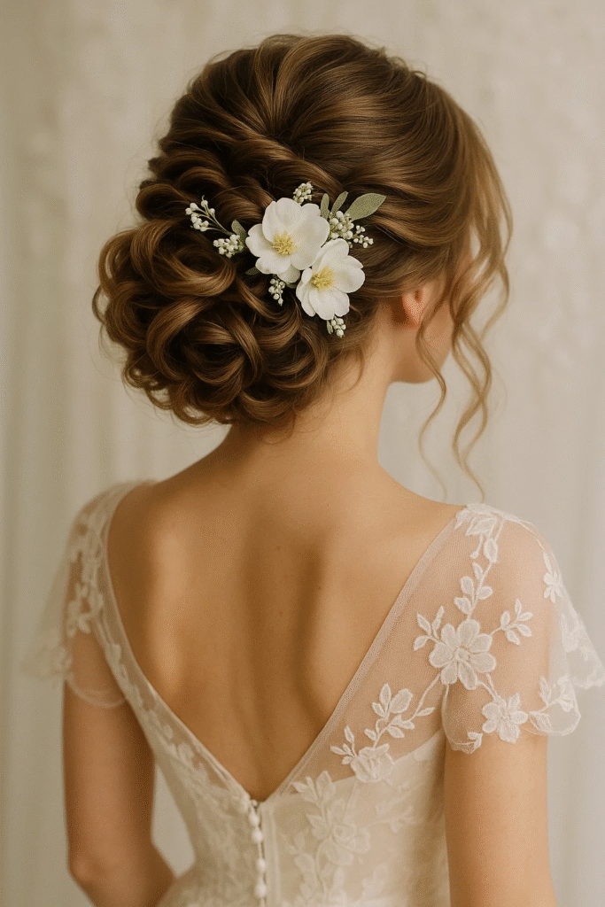 Graceful Hairstyles Perfect for MOH with soft curls and floral accessories