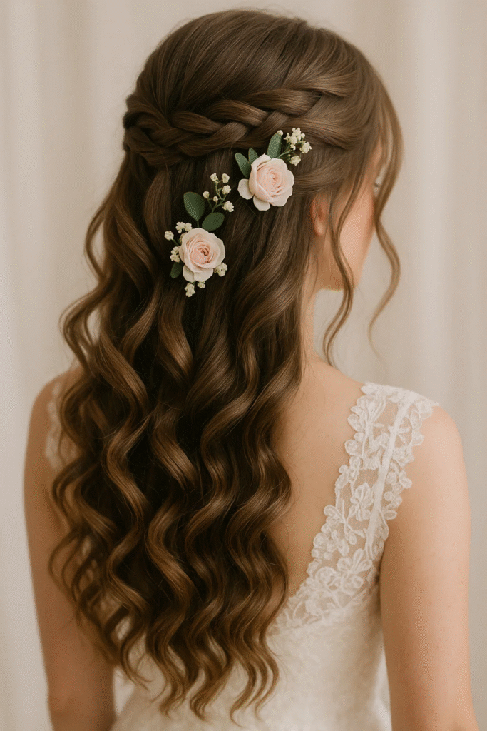 Floral waterfall braid hairstyle for MOH