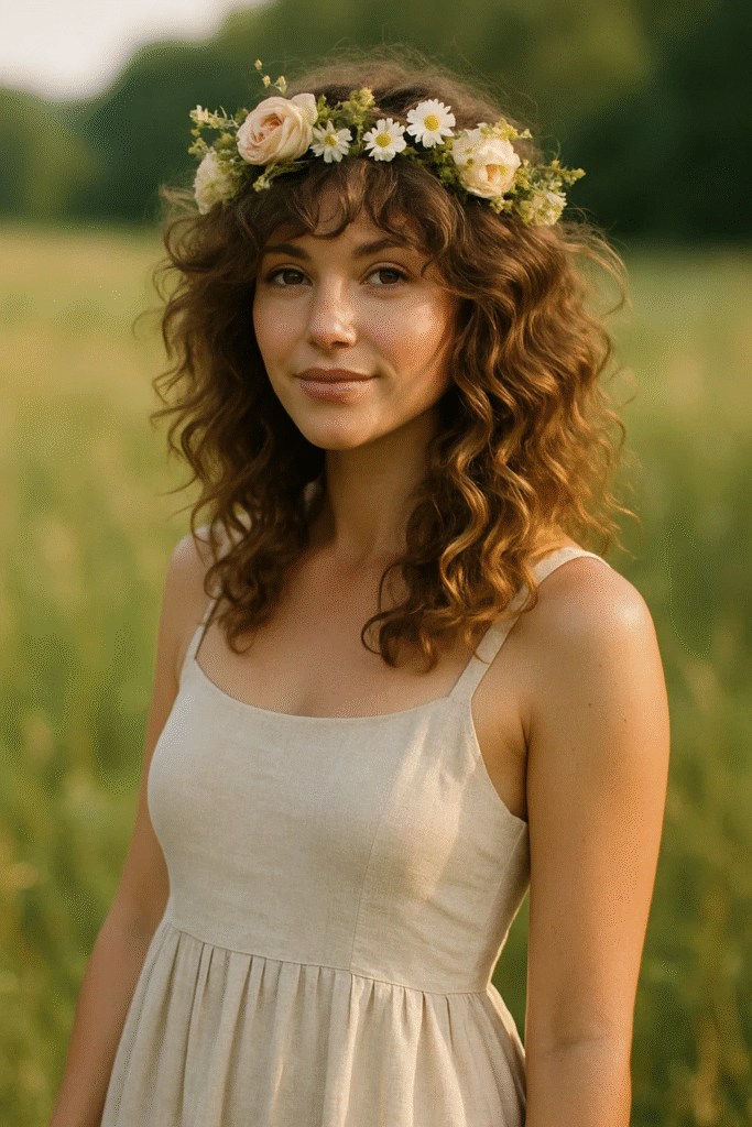 Curly Cowgirl Cut Hairstyle with boho highlights and layered movement.
