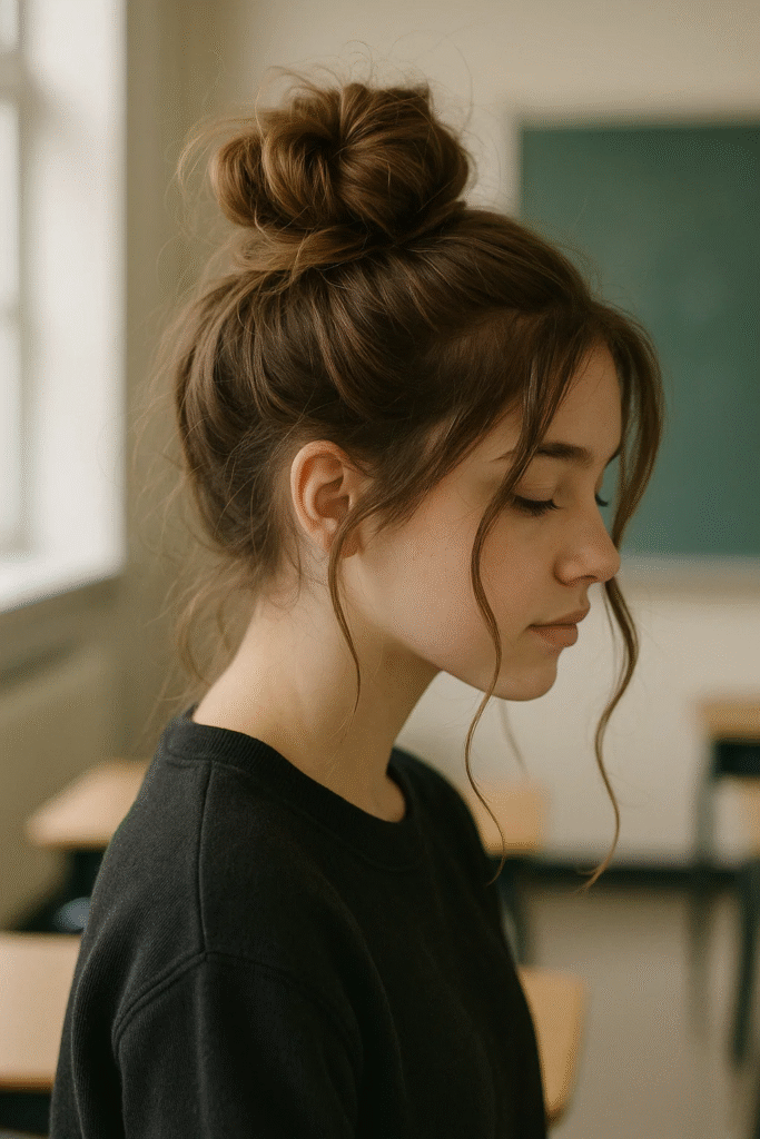 Messy bun hairstyle for a cute back-to-school look