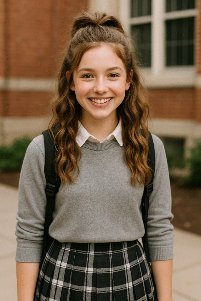 Half-up half-down hairstyle for a cute back-to-school look