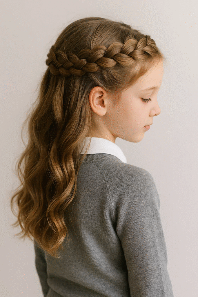 Braided crown hairstyle for a cute back to school look