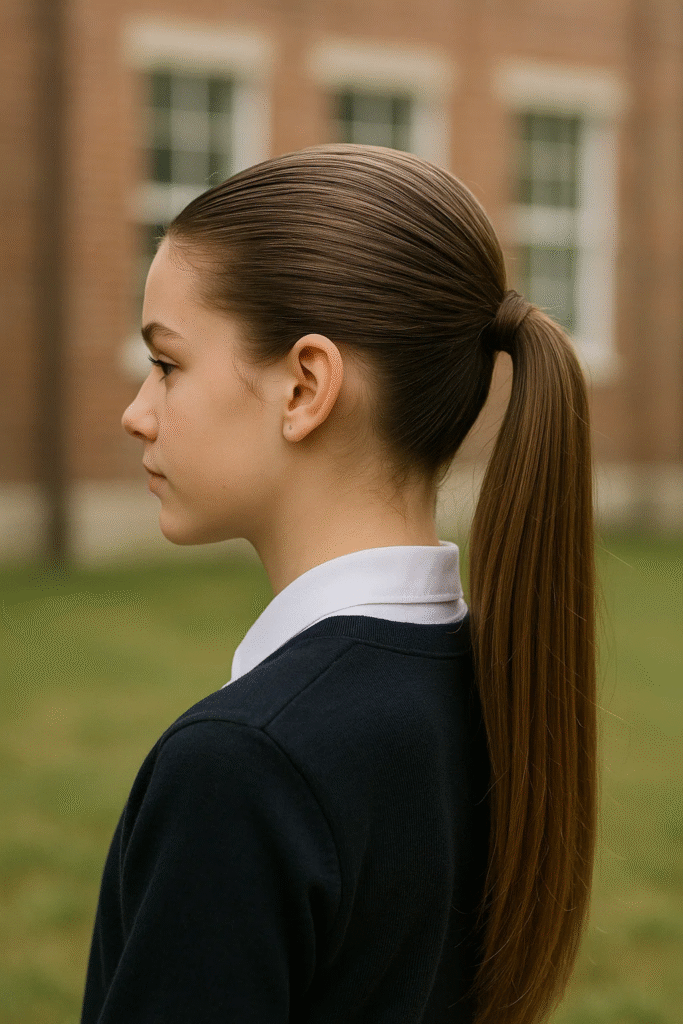 Slicked-back ponytail hairstyle for a cute back-to-school look