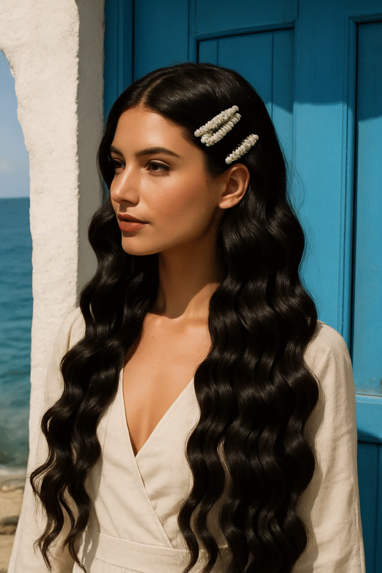 Face-framing mermaid waves with decorative pearl clips — Mermaid Waves Crimping.