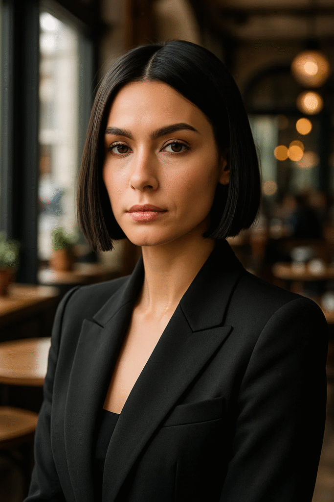 Blunt Bob Haircut styled in a sleek, chin-length power look for bold women.