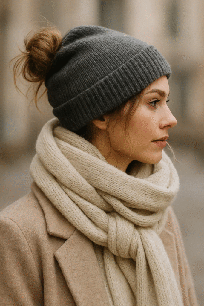 Messy bun hairstyle paired with a beanies for winter