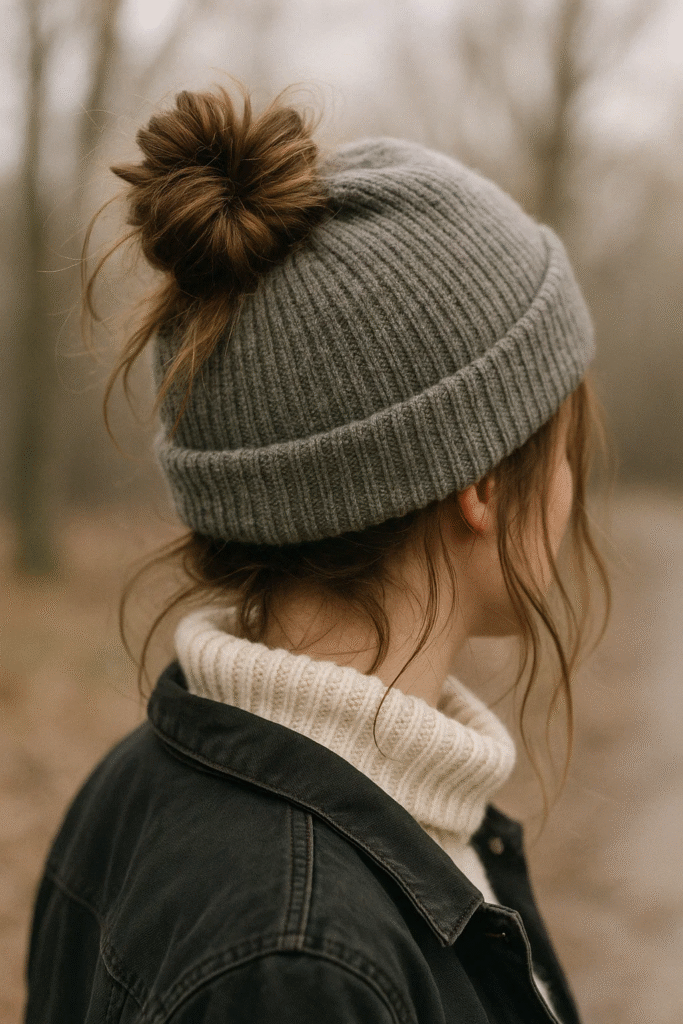 Messy bun with a beanie for a cute winter look