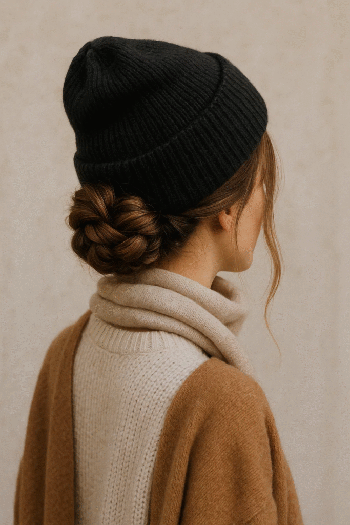 Braided bun hairstyle paired with a beanie