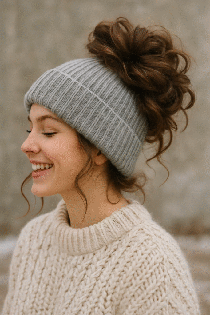 Voluminous bun hairstyle with beanie